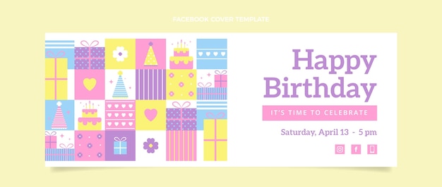 Free vector flat design mosaic birthday facebook cover template