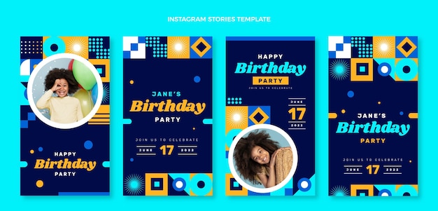 Storie di compleanno di mosaico di design piatto ig