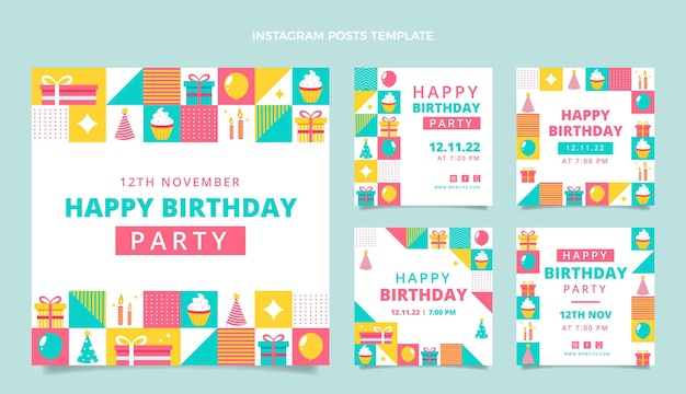 Vettore gratuito post di instagram compleanno mosaico design piatto