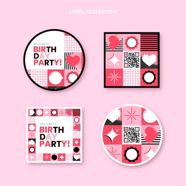 Free vector flat design mosaic birthday  label and badges