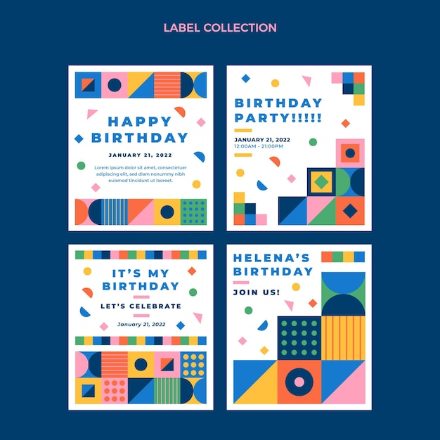 Etichette di compleanno a mosaico design piatto