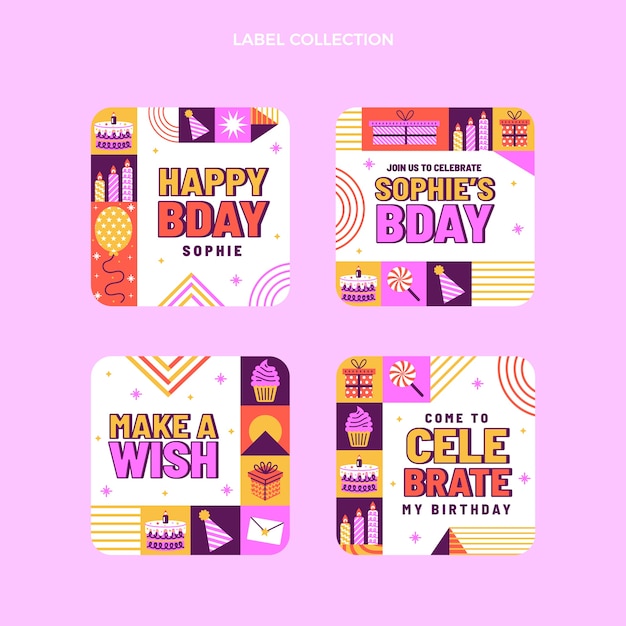 Flat design mosaic birthday labels