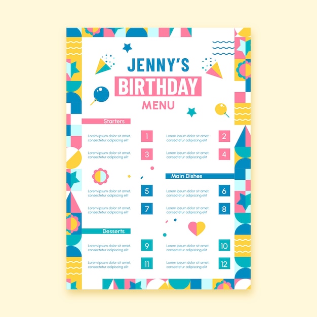 Vettore gratuito modello di menu di compleanno a mosaico design piatto