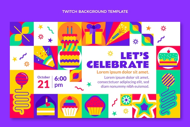 Free vector flat design mosaic birthday twitch background