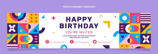 Flat design mosaic birthday twitch banner template