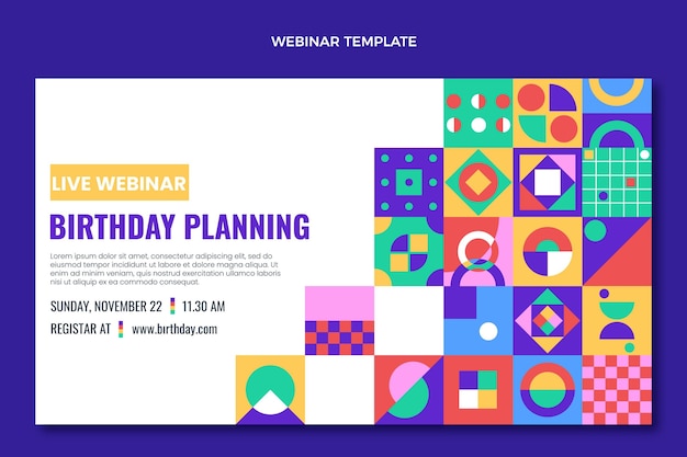 Vettore gratuito webinar di compleanno del mosaico di design piatto