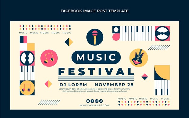 Design piatto del post di facebook di musica a mosaico