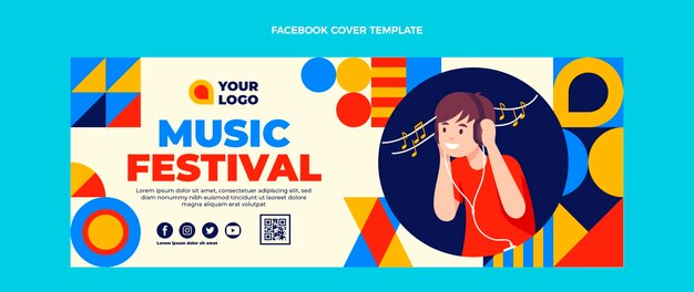 Плоский дизайн обложки facebook для музыкального фестиваля мозаики