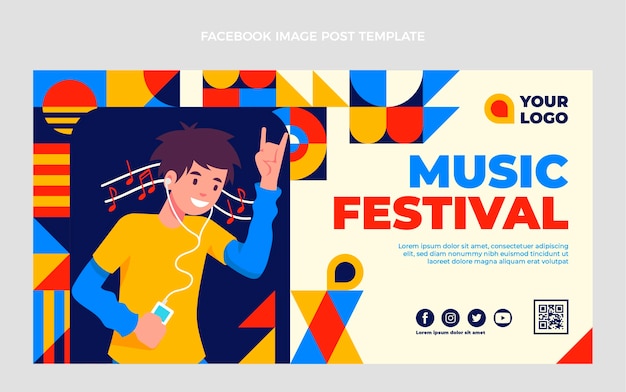 Post di facebook del festival di musica del mosaico di design piatto