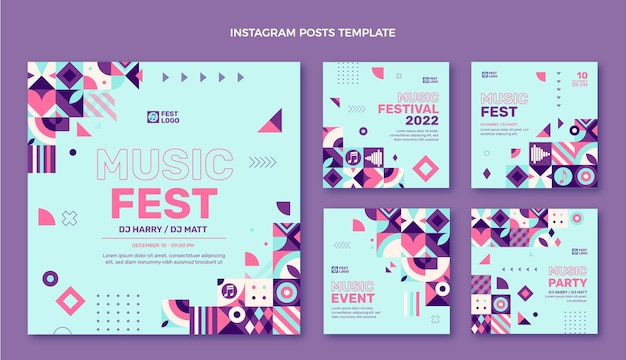 Vettore gratuito post di instagram del festival musicale del mosaico di design piatto