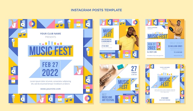 Flat design mosaic music festival instagram posts