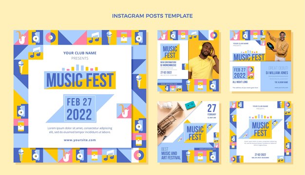 Flat design mosaic music festival instagram posts