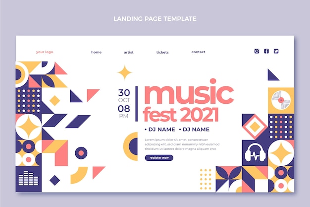 フラットデザインモザイク音楽祭のランディングページ