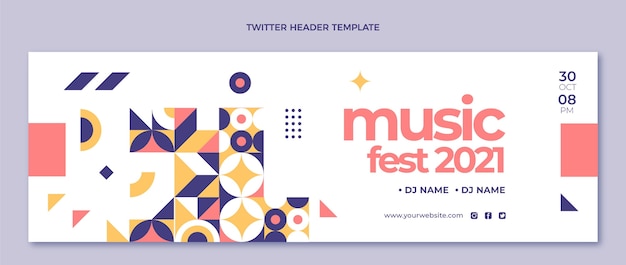 Vettore gratuito intestazione twitter del festival musicale del mosaico di design piatto