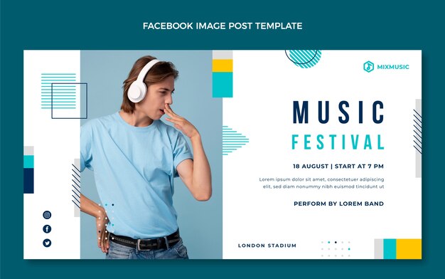 Vettore gratuito design piatto del post di facebook del festival musicale