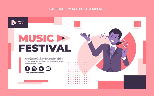Плоский дизайн поста в фейсбуке на музыкальном фестивале