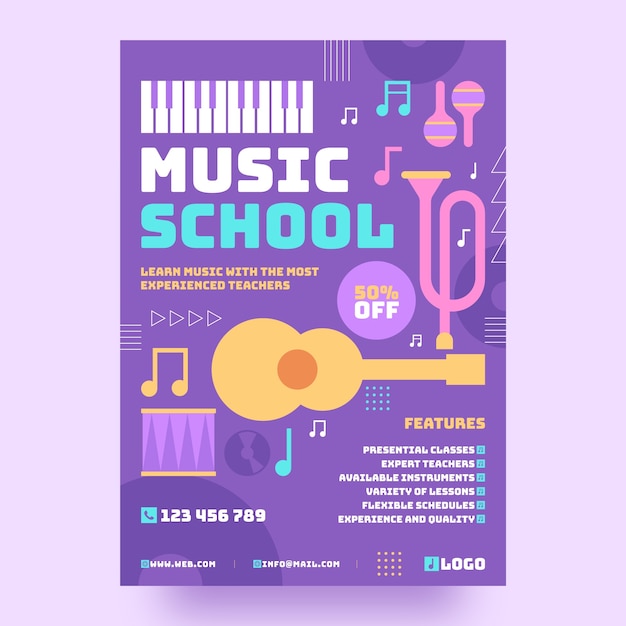 Free vector flat design music school poster template