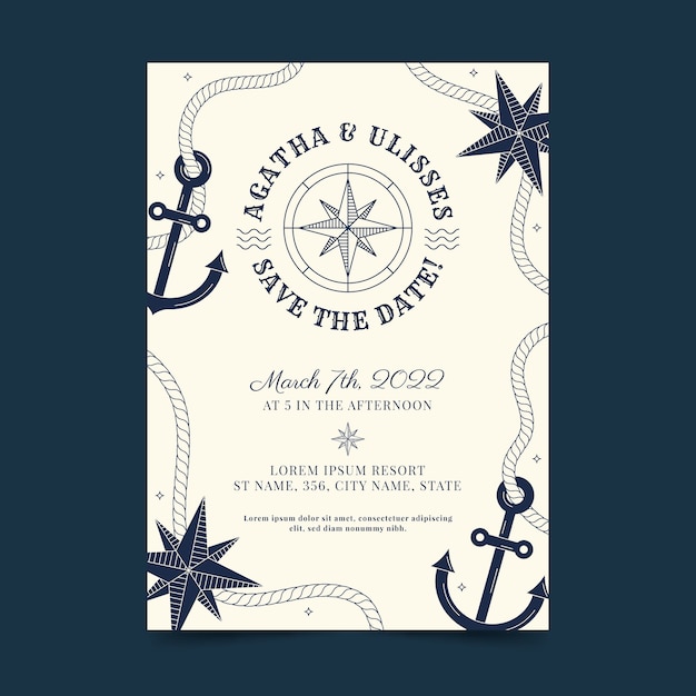 Free vector flat design nautical wedding invitation