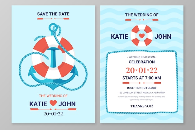 Vettore gratuito partecipazioni di nozze nautiche dal design piatto
