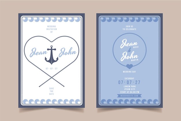 Flat design nautical wedding invitations
