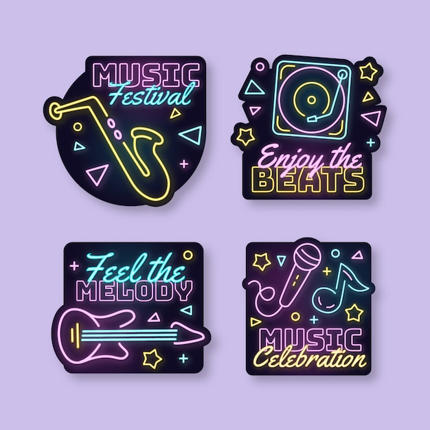 Free vector flat design neon electronic music labels