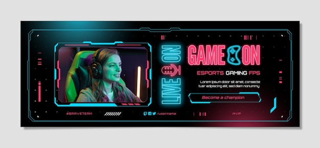 Flat design neon gaming facebook cover