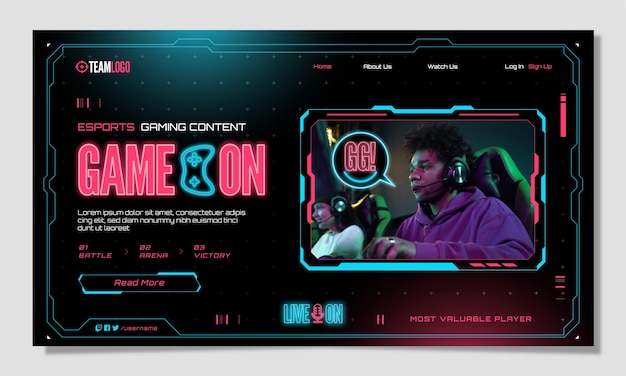 Vettore gratuito pagina di destinazione del gioco al neon dal design piatto
