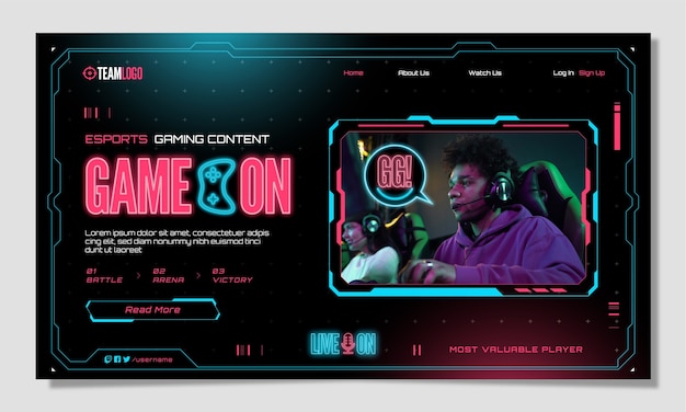 Flat design neon gaming landing page