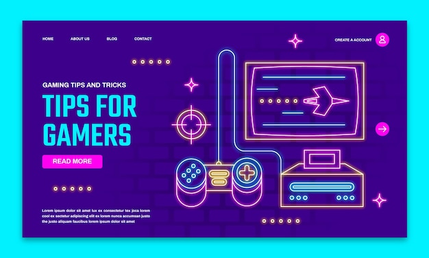 Flat design neon gaming setup landing page template