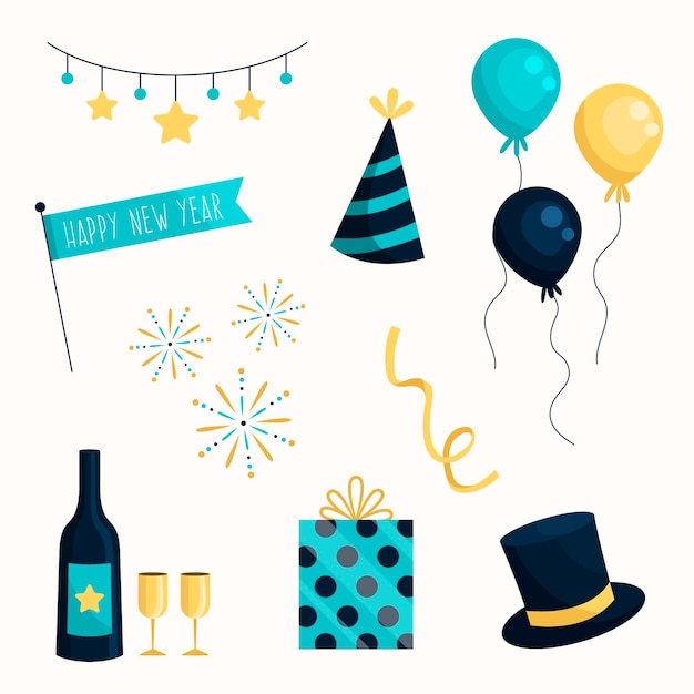 Flat design new year party element collection