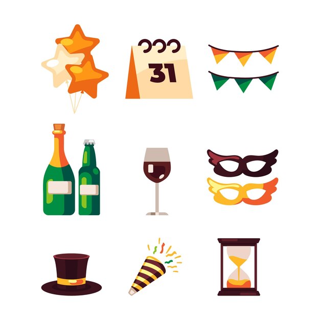 Flat design new year party element collection