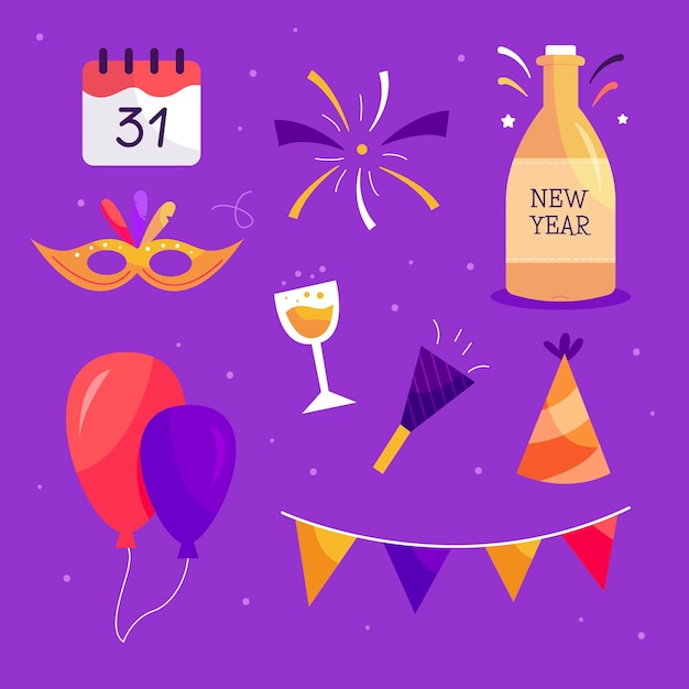 Flat design new year party element collection