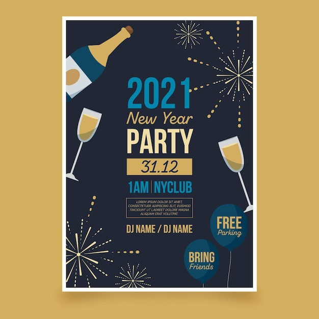 Free vector flat design new year party poster template