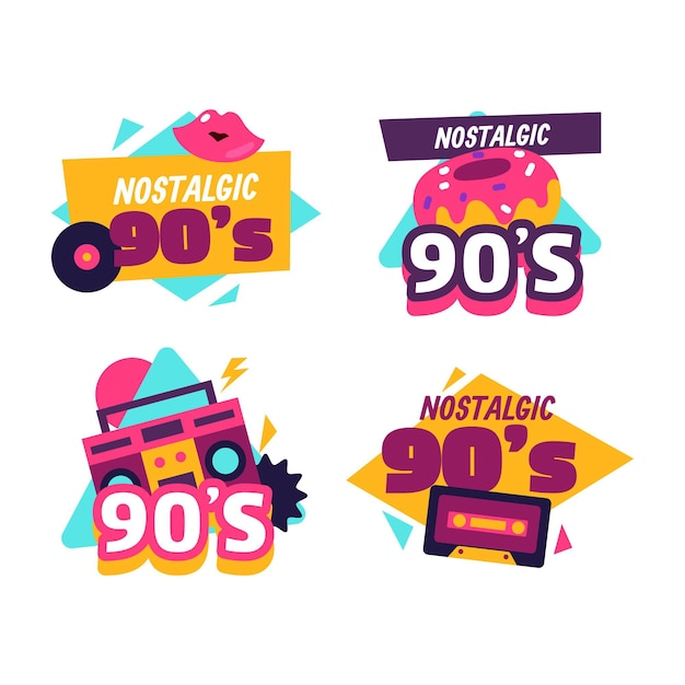 Vettore gratuito distintivi nostalgici degli anni '90 dal design piatto
