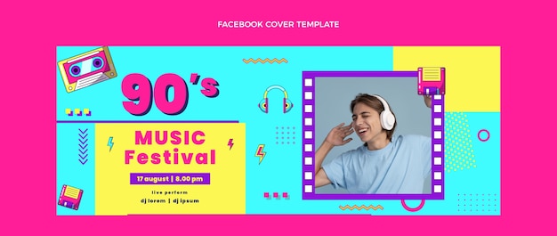 Vettore gratuito copertina facebook del festival musicale nostalgico dal design piatto