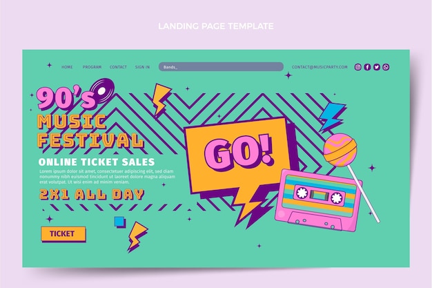 Бесплатное векторное изображение Целевая страница ностальгического музыкального фестиваля в плоском дизайне