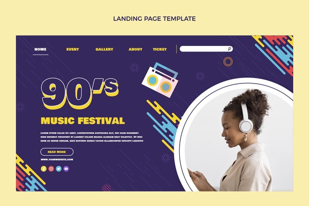 フラットなデザインのノスタルジックな音楽祭のランディングページ
