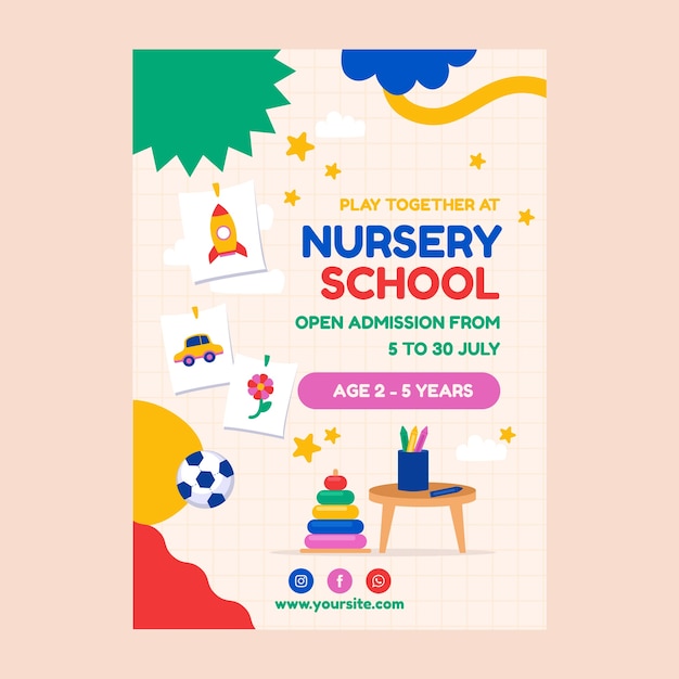 Шаблон приглашения в детский сад с плоским дизайном