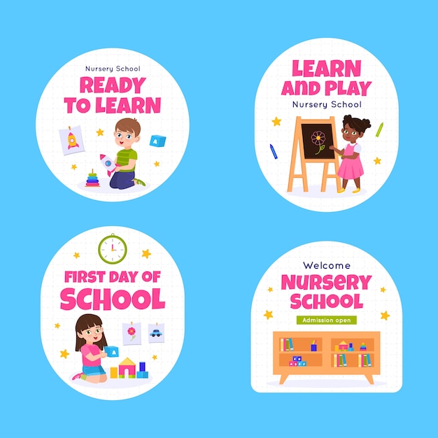 Flat design nursery school labels template