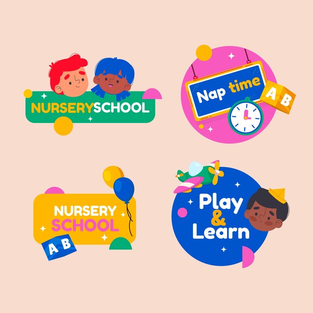 Flat design nursery school labels template