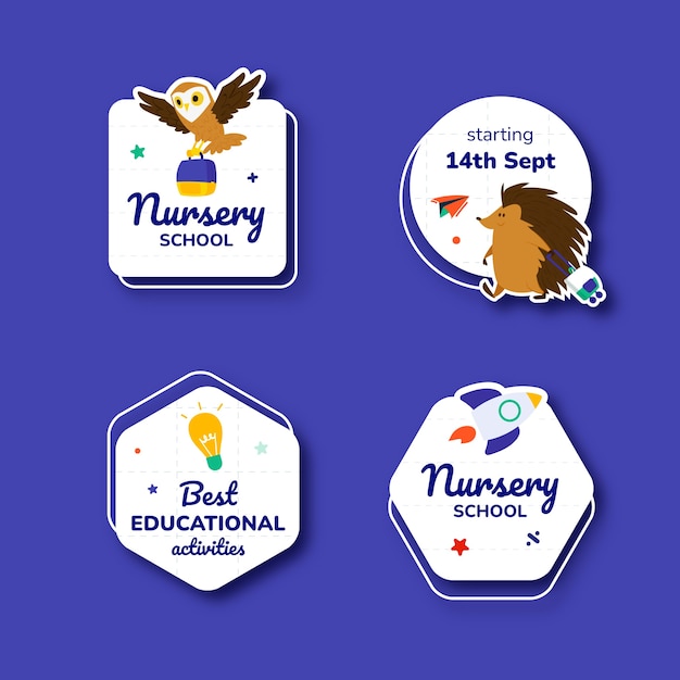 Free vector flat design nursery school labels