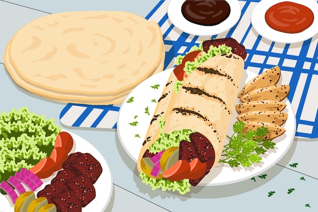 평면 디자인 영양가있는 shawarma 그림