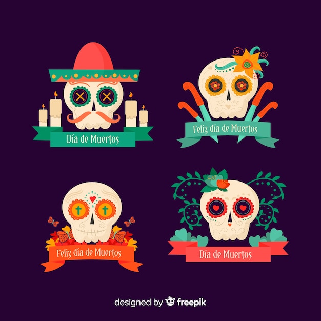 Плоский дизайн коллекции этикеток dia de muertos