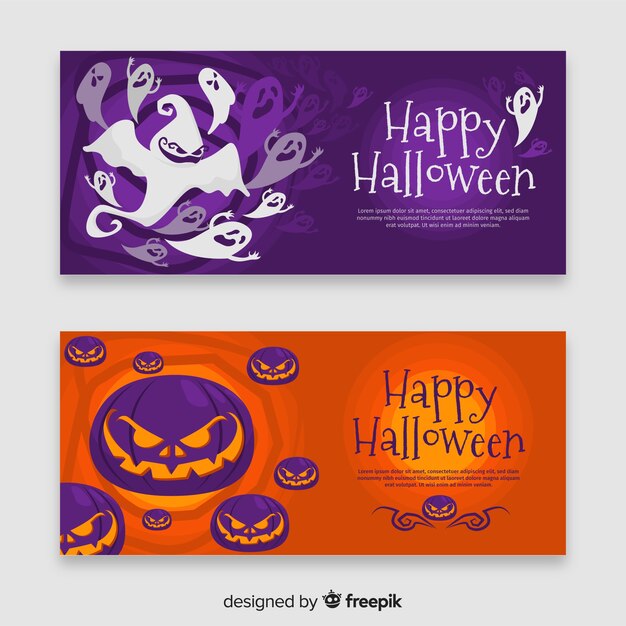 無料ベクター ハロウィーンゴーストとカボチャのバナーのフラットなデザイン