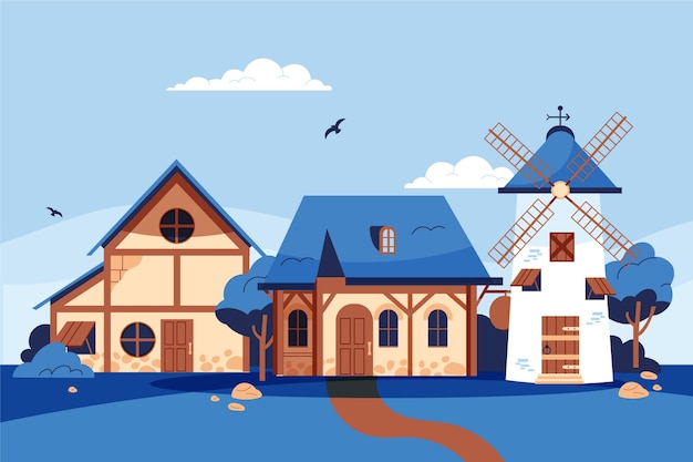 Flat design old village illustration