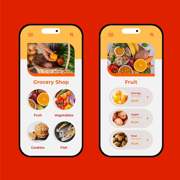 Vettore gratuito modello di app per negozio di alimentari online design piatto