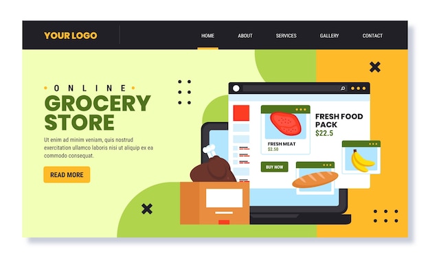 Vettore gratuito pagina di destinazione del negozio di alimentari online dal design piatto