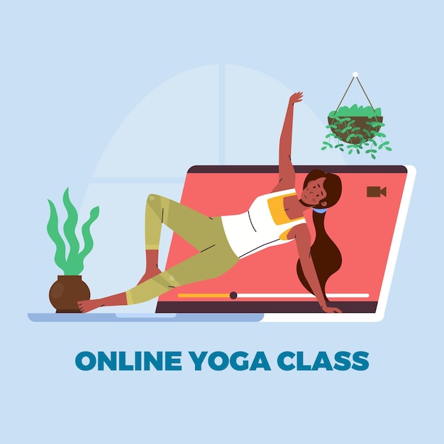 Vettore gratuito tema di lezione di yoga online design piatto