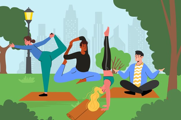 Плоский дизайн урок йоги на открытом воздухе