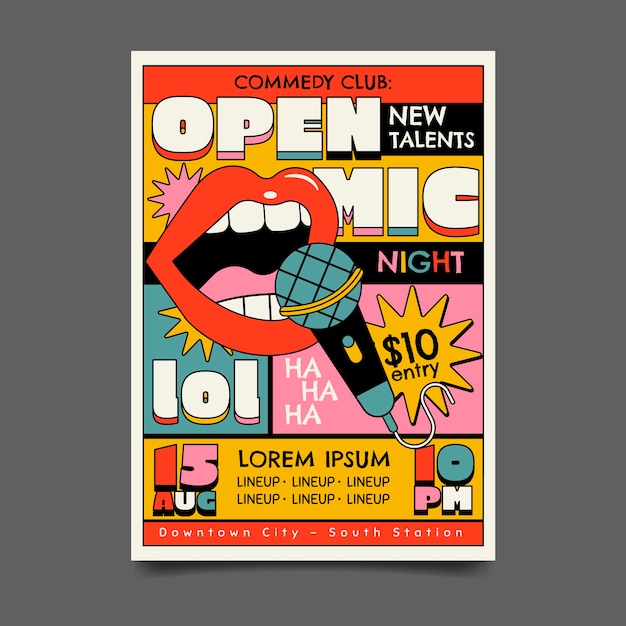 Flat design open mic poster design